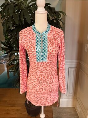 🧡Cabana Life Coral & Teal Mixed Print Convertible Ruched Rash Guard Cover-Up S